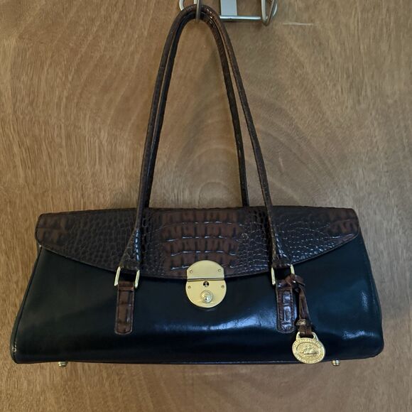 VTG Brahmin Chocolate Croc Embossed Leather East West Satchel Bag Old Money - Picture 1 of 16